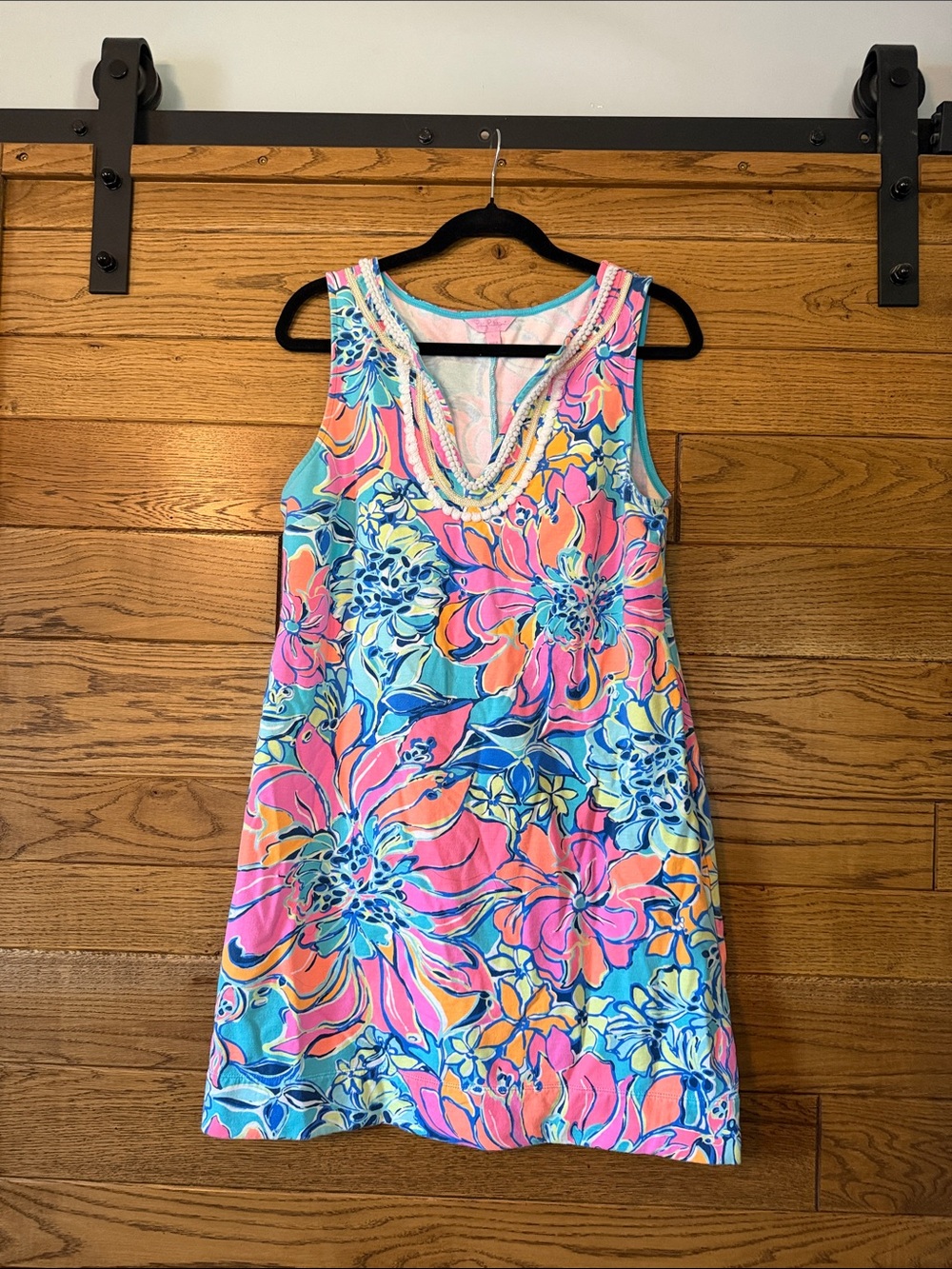 Lilly Pulitzer Vibrant Floral Beaded V-Neck Mini Dress - Pink & Blue